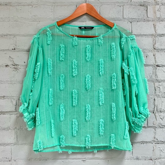 Zara Sheer Green Puff Sleeve Blouse - Picture 2 of 7